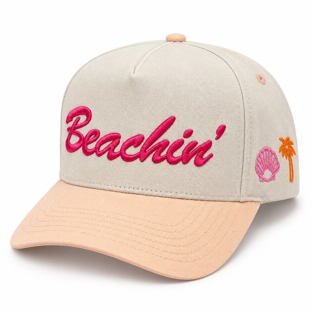 Beachin Embroidered Snapback Hat Two Tone Pink Peach Beach Cap NEW
